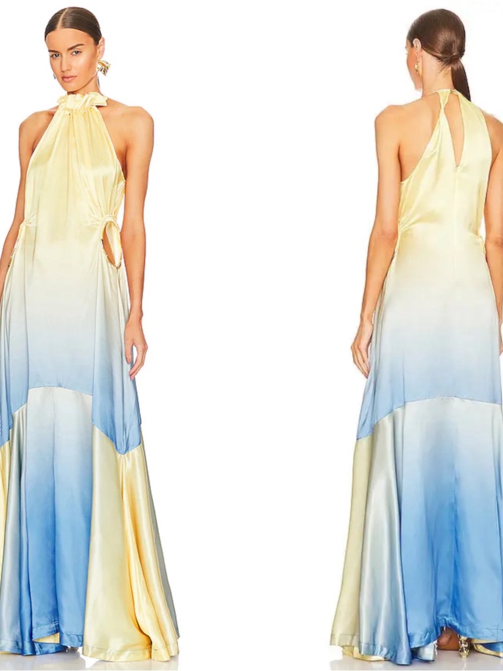 CULT GAIA Iris Gold Hoop Cutout Ombre Satin Yellow and Blue Maxi Dress Size XS
